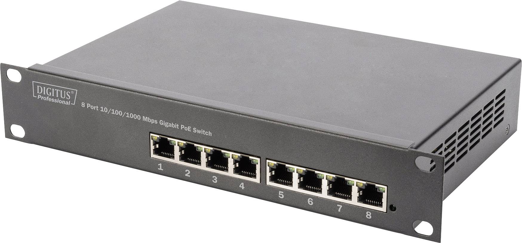 Een zwarte 8-poorts 10/100/1000 Mbps Gigabit PoE Switch van Digitus Professional, ideaal voor netwerktoepassingen.