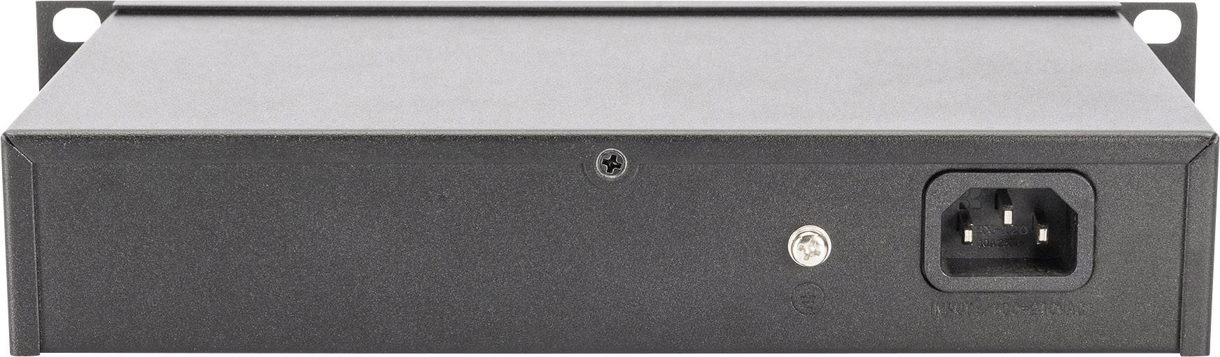 Een zwart metalen apparaat met een stroomaansluiting aan de rechterkant en een schroef in het midden aan de achterkant.