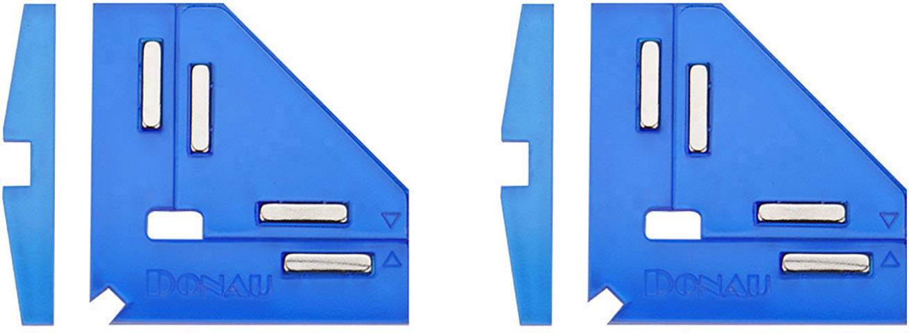 Twee blauwe kunststof hoekclips met metalen pennen, gebruikt voor het vastzetten van papieren. Merknaam 'DONAU' zichtbaar.