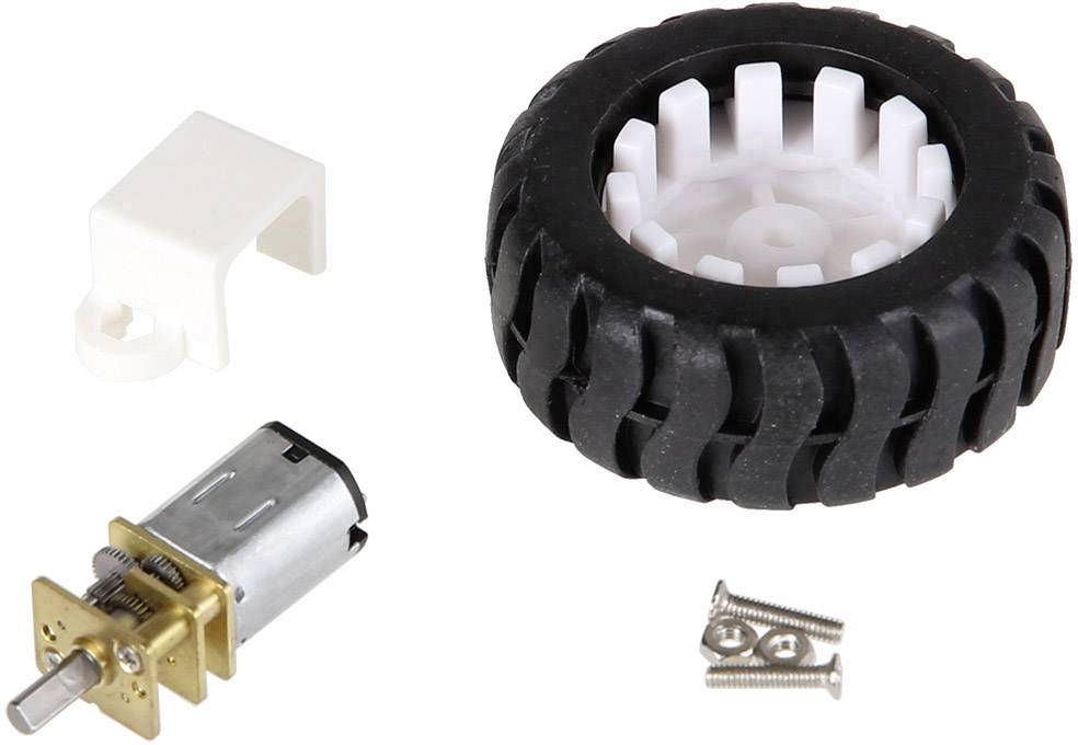 Klein elektromotor-set met tandwielen, banden, schroeven en witte houder. Geschikt voor DIY-robotprojecten.