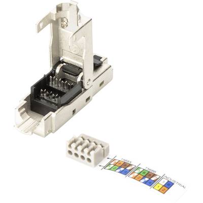 Een Ethernet-stekker met kleurcodering voor kabelaansluiting wordt getoond. Ernaast een aansluitingshandleiding met T568A en T568B kleurenschema.