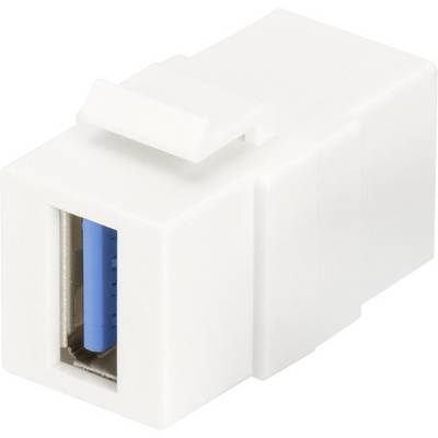 Een witte USB-Keystone-adapter met rechthoekige vorm en blauwe USB-aansluiting, gebruikt voor de integratie van USB-poorten in patchpanelen.