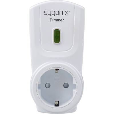 Een witte dimmer van het merk Sygonix met een groene schakelaar. De voorkant laat een stopcontactopening zien en de opdruk 'Dimmer'.