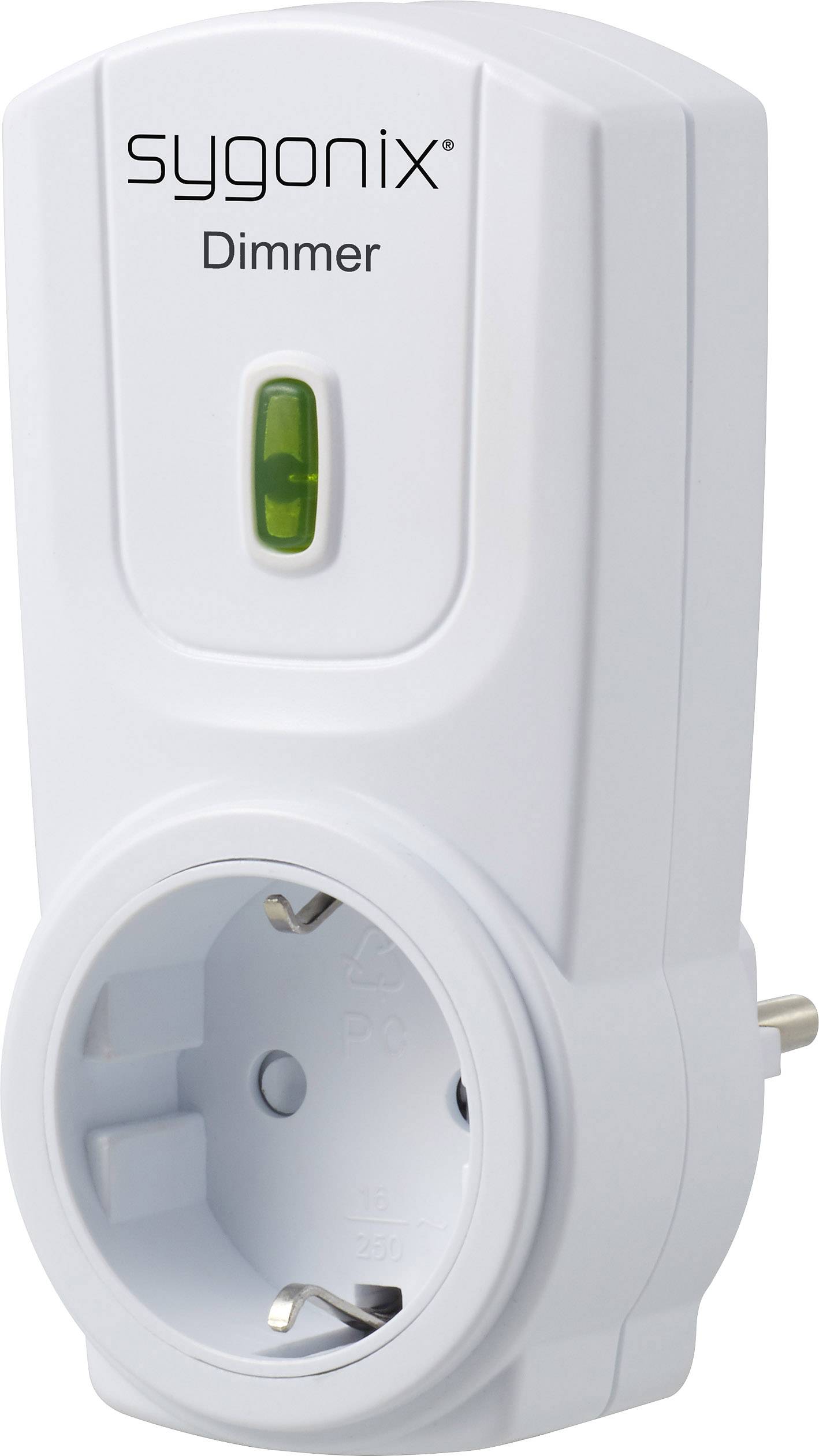 Stekkerdoos-adapter met dimfunctie, gemerkt als 'sygonix Dimmer', met groene lichtsignalering, stopcontact zichtbaar, voor lichtregeling.