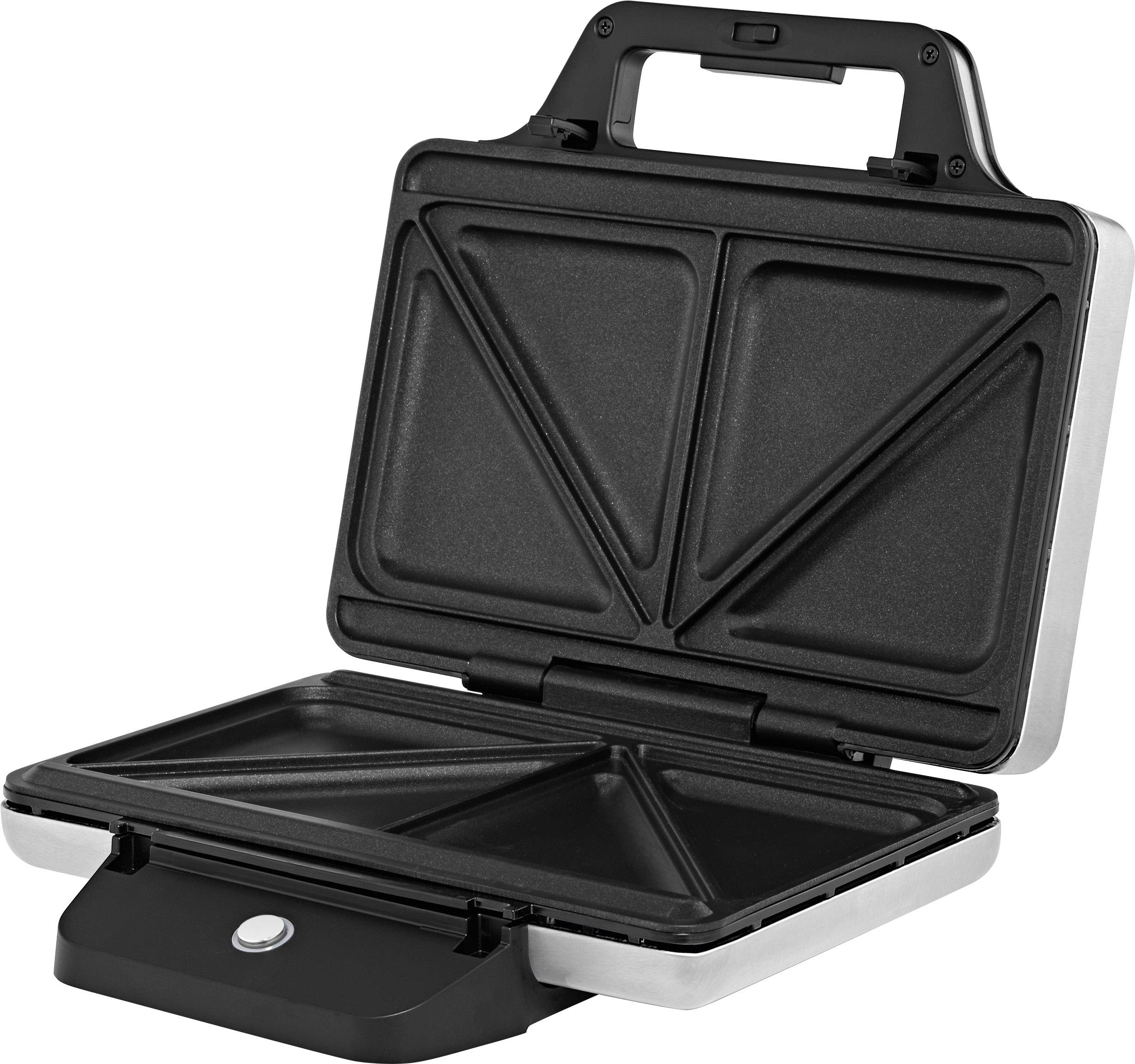 Elektrische tosti-ijzer in roestvrijstalen look met opengeslagen deksel, toont driehoekige grillplaten voor twee tosti's.