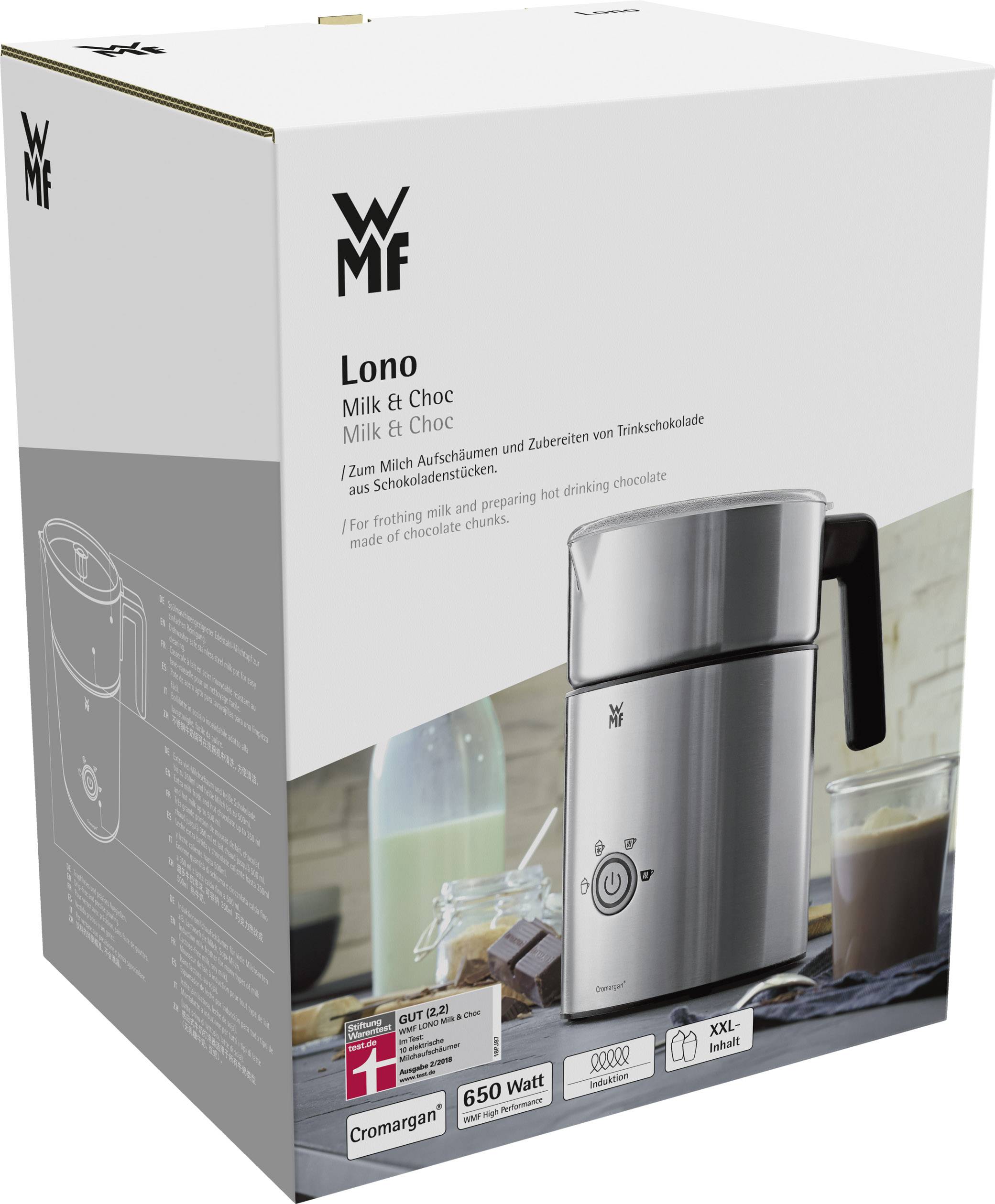 Melk- en chocolademelk-melkopschuimer van WMF, model 'Lono', zilver, op verpakking. Productafbeelding en gebruiksinstructies zichtbaar.