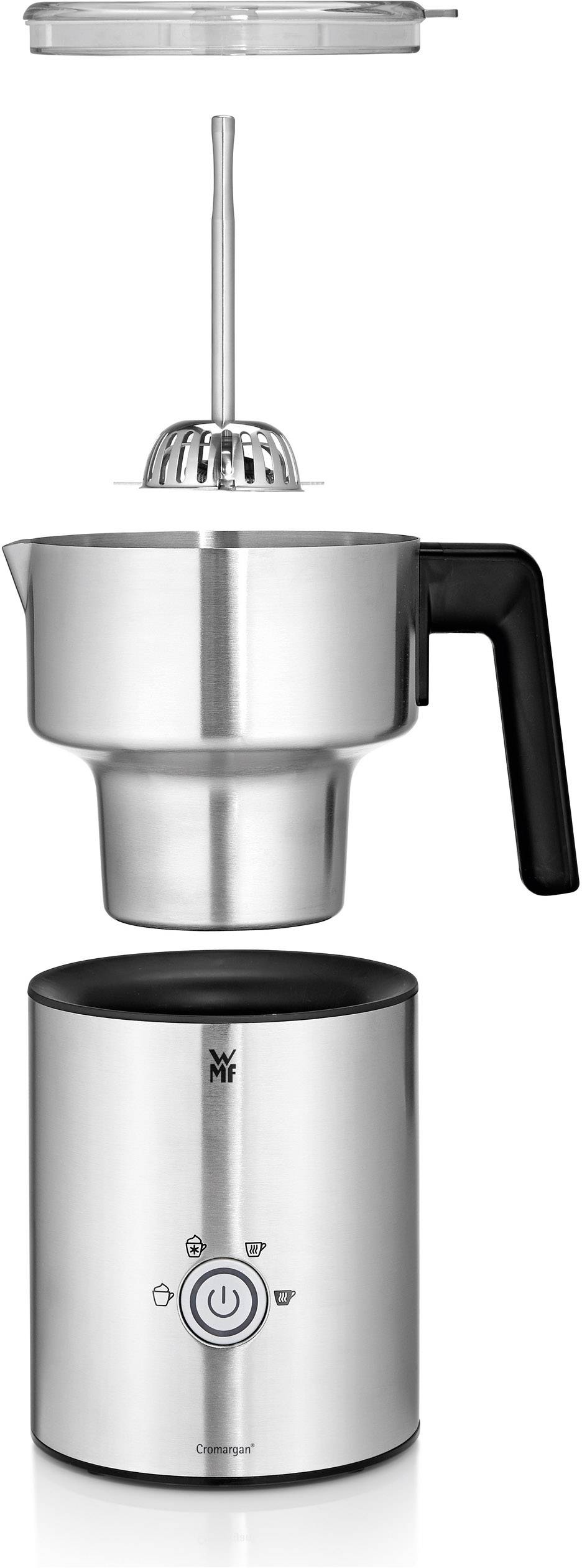 Elektrische melkopschuimer van roestvrij staal, bestaande uit een verwijderbare container, deksel en basisstation met aan/uit-schakelaar.