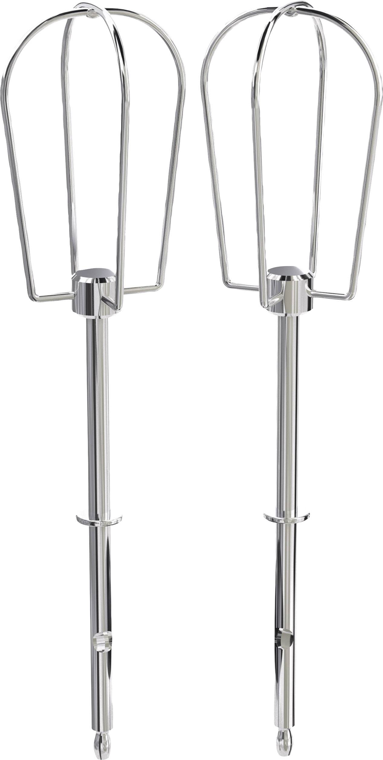 Twee verchroomde garde-opzetstukken naast elkaar voor een witte achtergrond. Ideale vervangingsonderdelen voor elektrische handmixers.