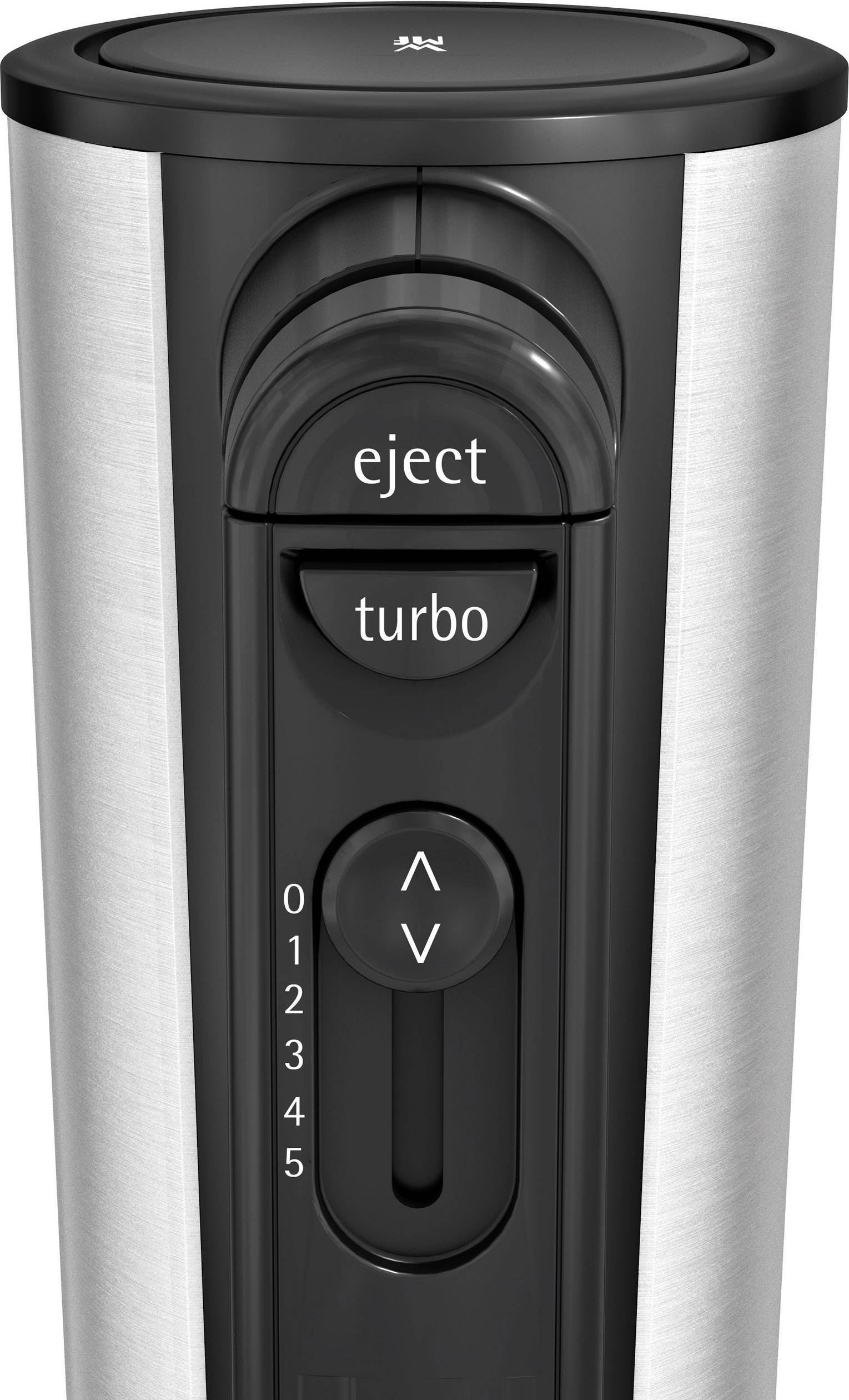 Mixer met zilveren behuizing, bekijk de bedieningselementen. Bevat 'eject', 'turbo' en drie snelheidsstanden.