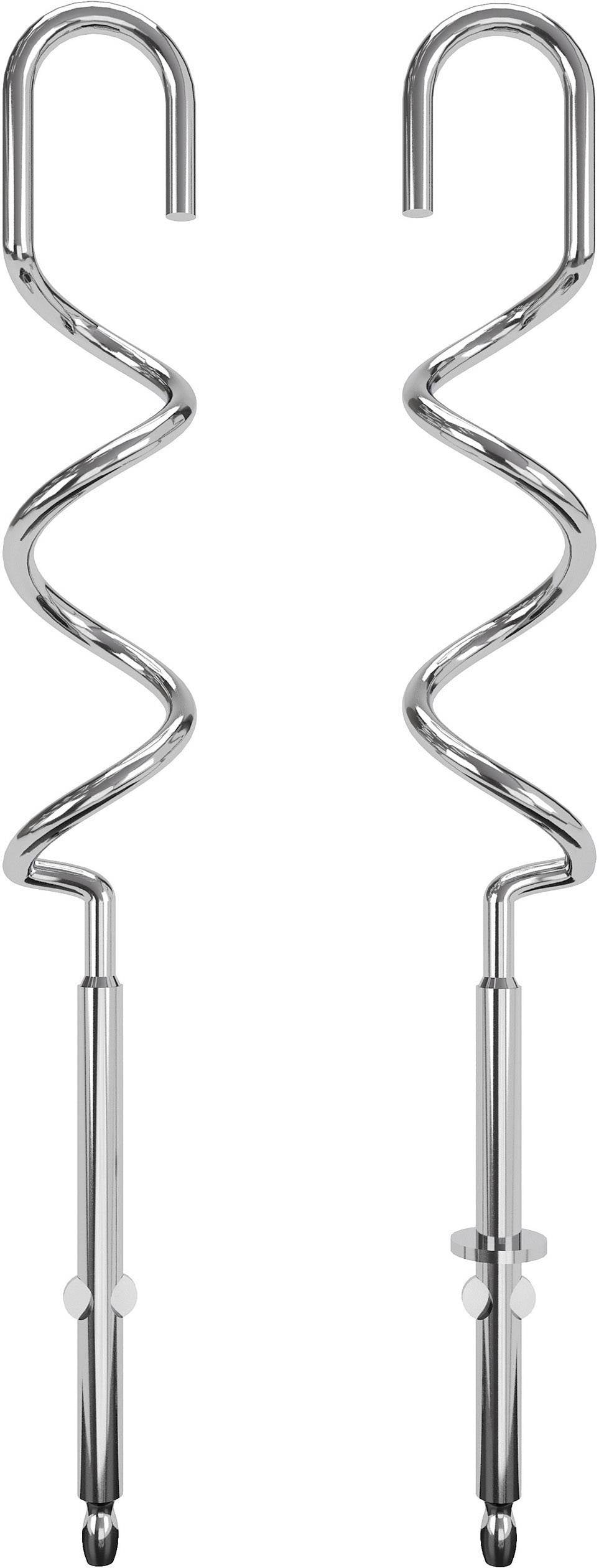Twee roestvrijstalen deeghaakjes in spiraalvorm, bestemd voor gebruik in een mixer. Ze hebben haken aan de uiteinden.