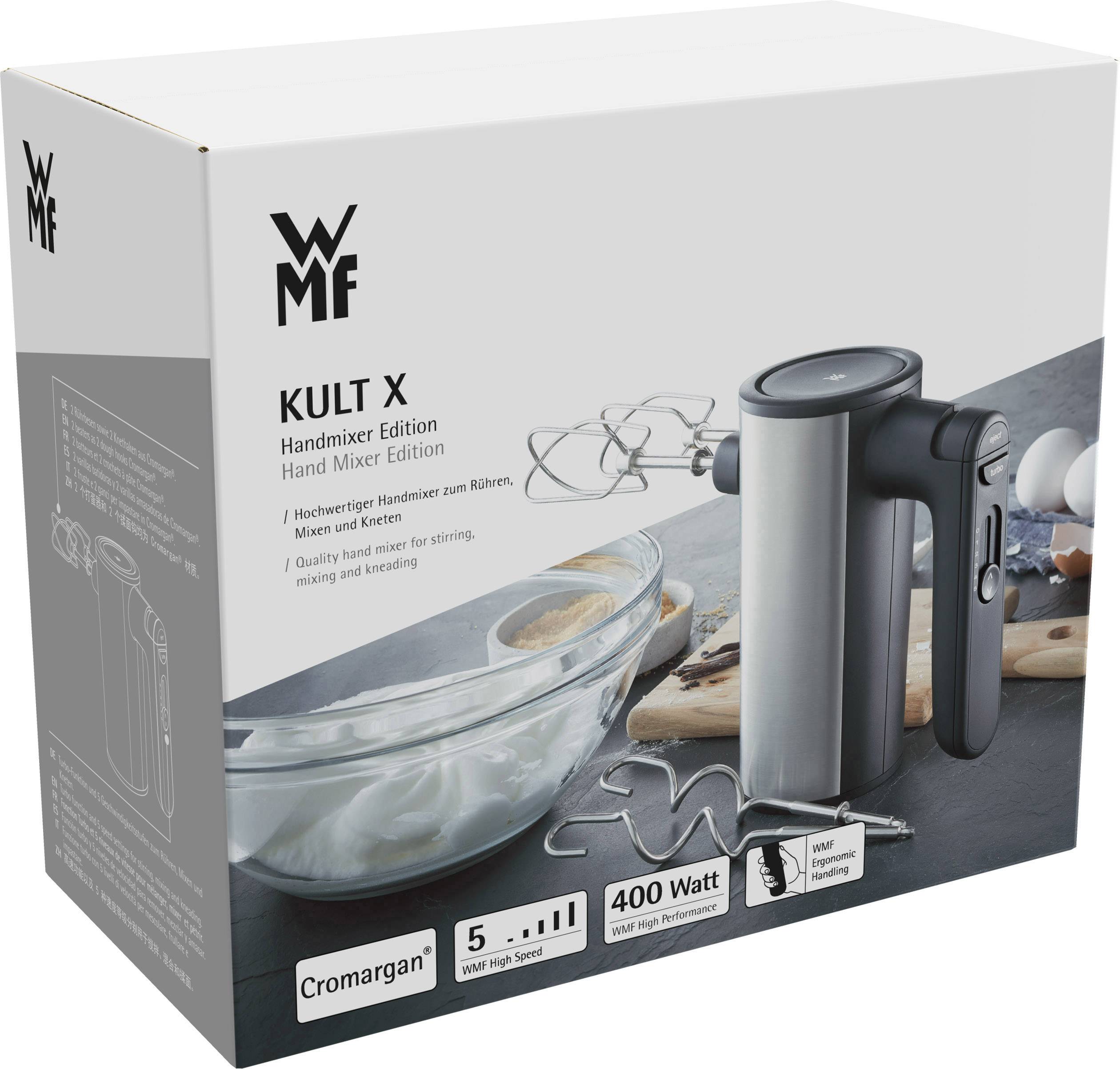Een verpakking van de WMF KULT X staafmixer. Afgebeeld is de mixer naast een kom met slagroom. Vermogen: 400 Watt.
