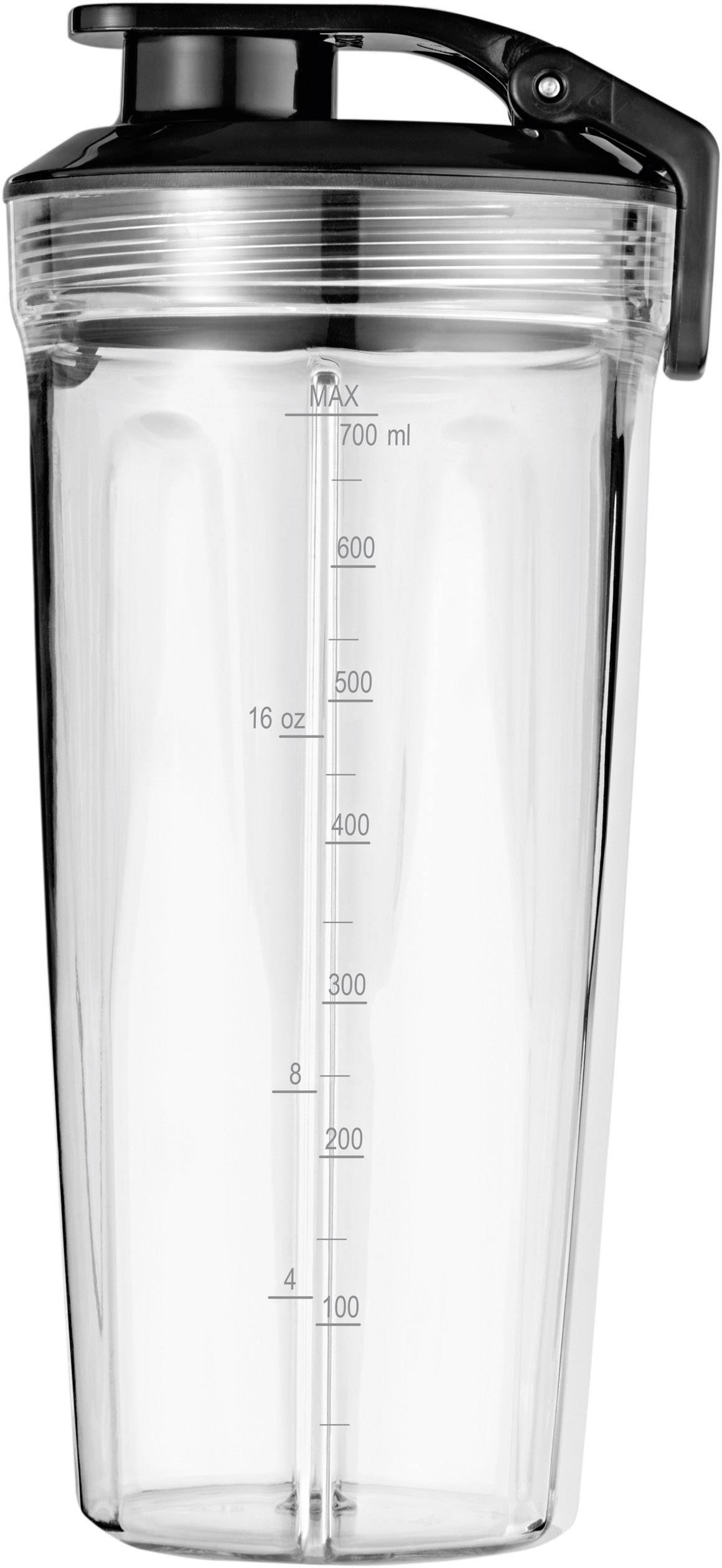Een transparante shakerbeker met maatschaal toont tot 700 ml (24 oz). Het zwarte deksel heeft een klapbaar slot.