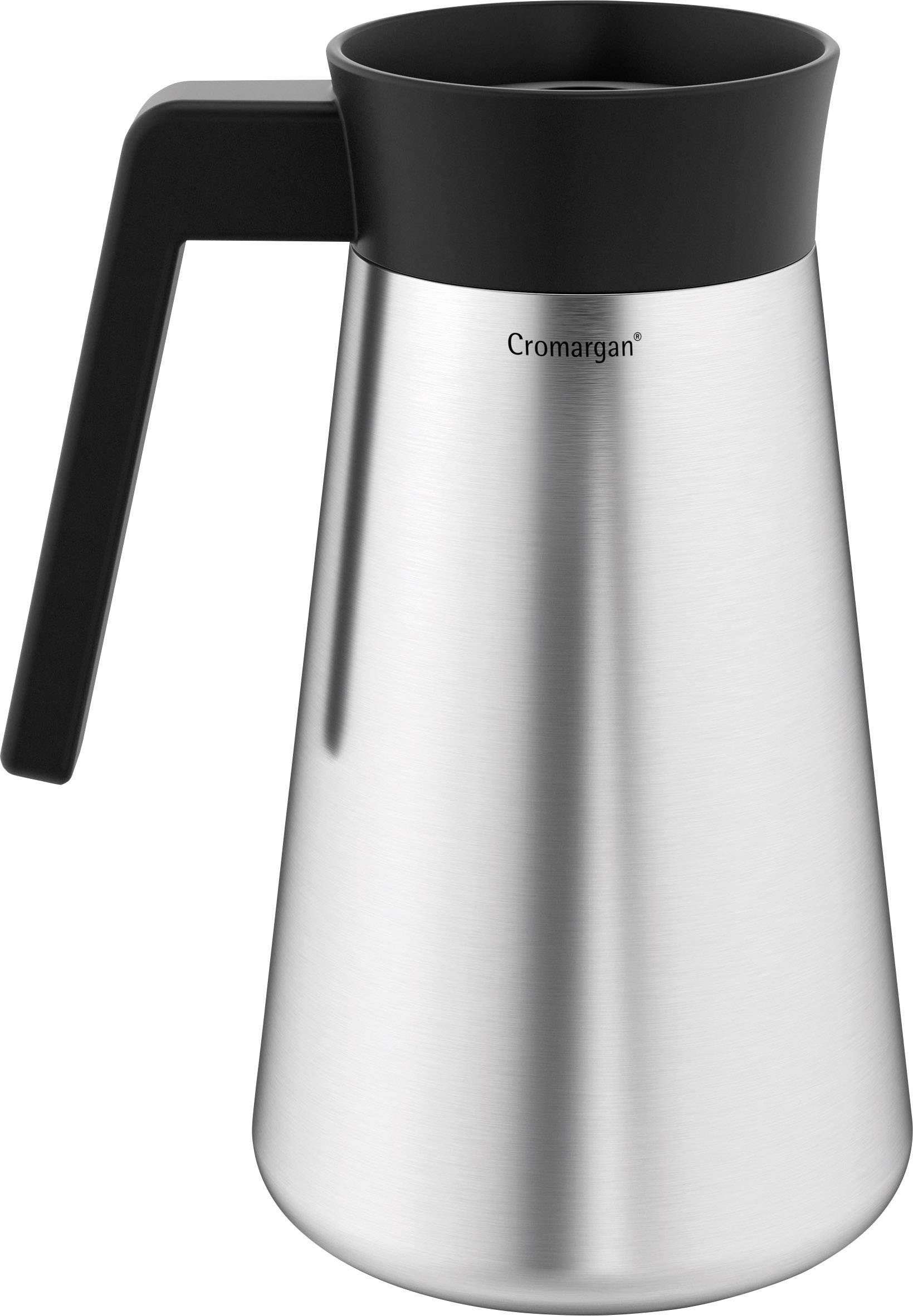 'Roestvrijstalen thermosfles met zwarte handgreep en opening. Het woord "Cromargan" staat op de bovenkant. Modern design.'