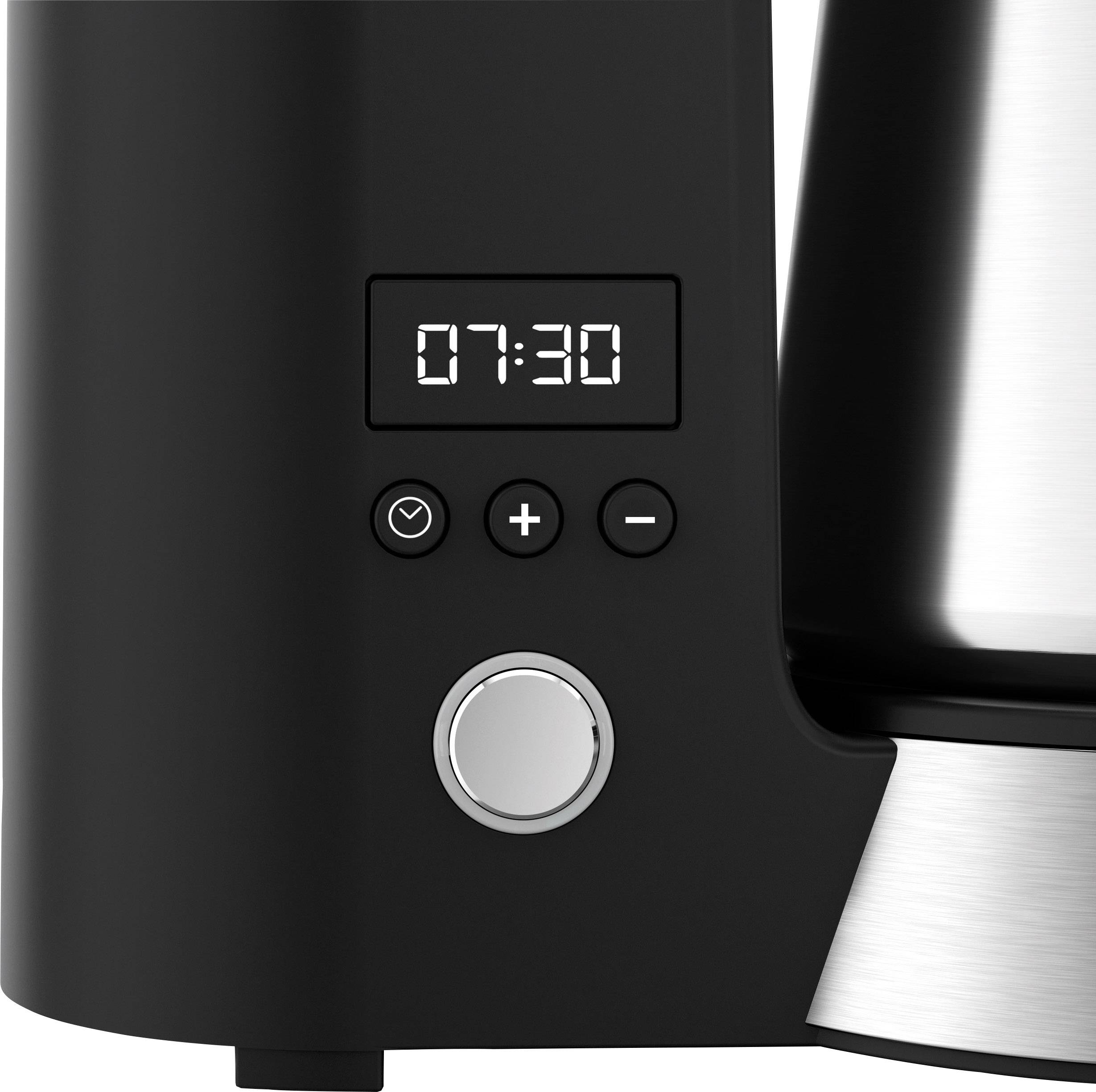 Een zwarte waterkoker met een digitaal display toont '07:30'. Vier bedieningsknoppen eronder: Timer, Plus, Min en een draaiknop.
