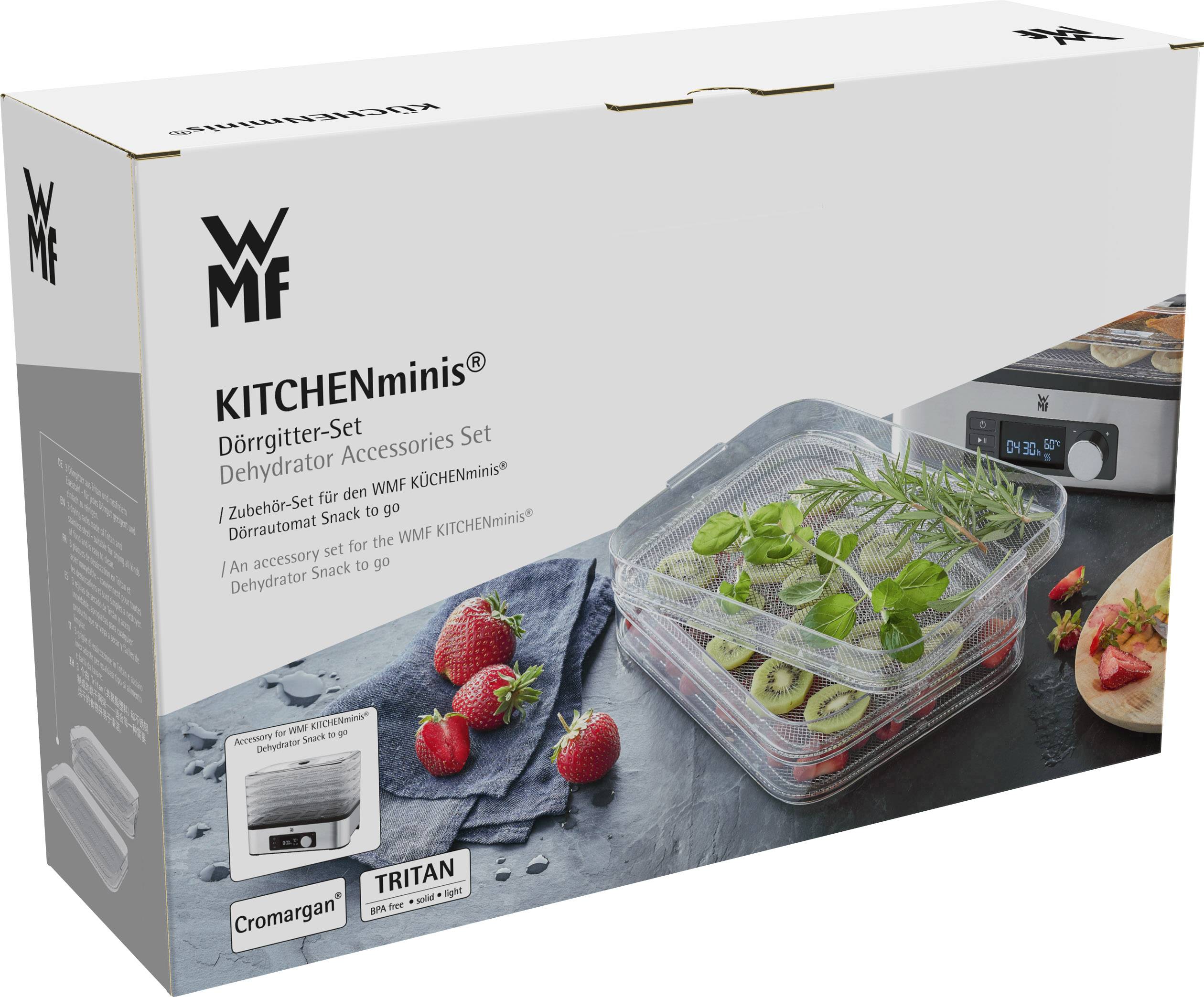 'Droogautomaat-accessoireset van WMF voor KITCHENminis, bevat bakjes met aardbeien en kruiden, geschikt voor snack onderweg.'