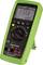 Digitale multimeter met een groen behuizing toont '230.8' volt op het display. Er zijn knoppen voor verschillende meetfuncties.
