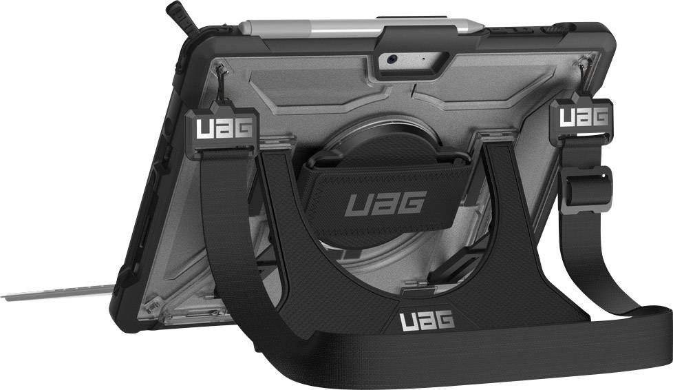 Zwarte UAG-beschermhoes voor een tablet met verstelbare schouderband. Robuust ontwerp met geïntegreerde standaardfunctie.