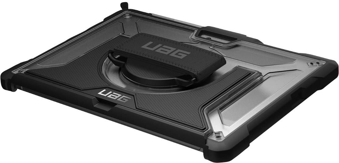 Beschermhoes van UAG met draaigreep voor tablets, biedt een veilige grip en bescherming, in een robuust ontwerp, voornamelijk in zwart en zilver.
