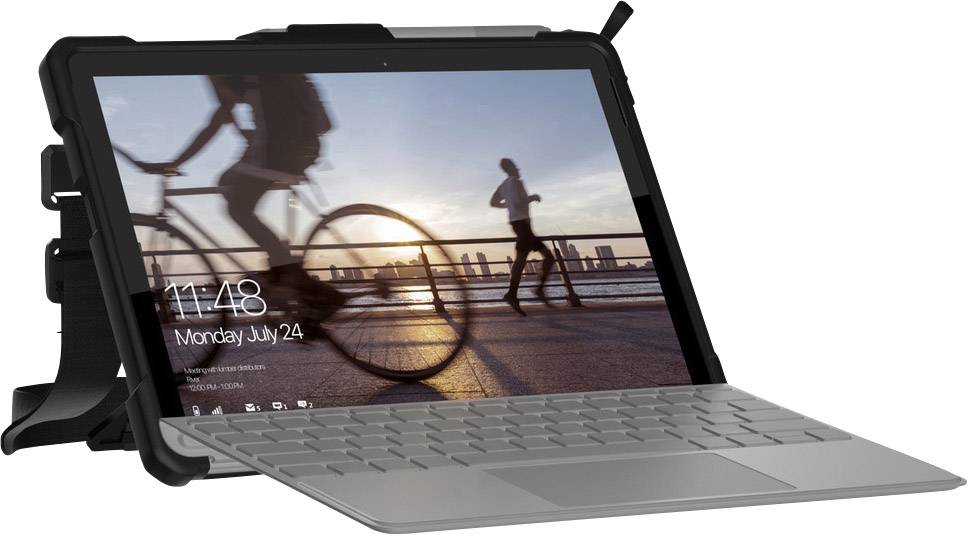 Tablet met verwijderbaar toetsenbord toont een schermachtergrond met twee fietsers bij zonsondergang langs een boulevard.