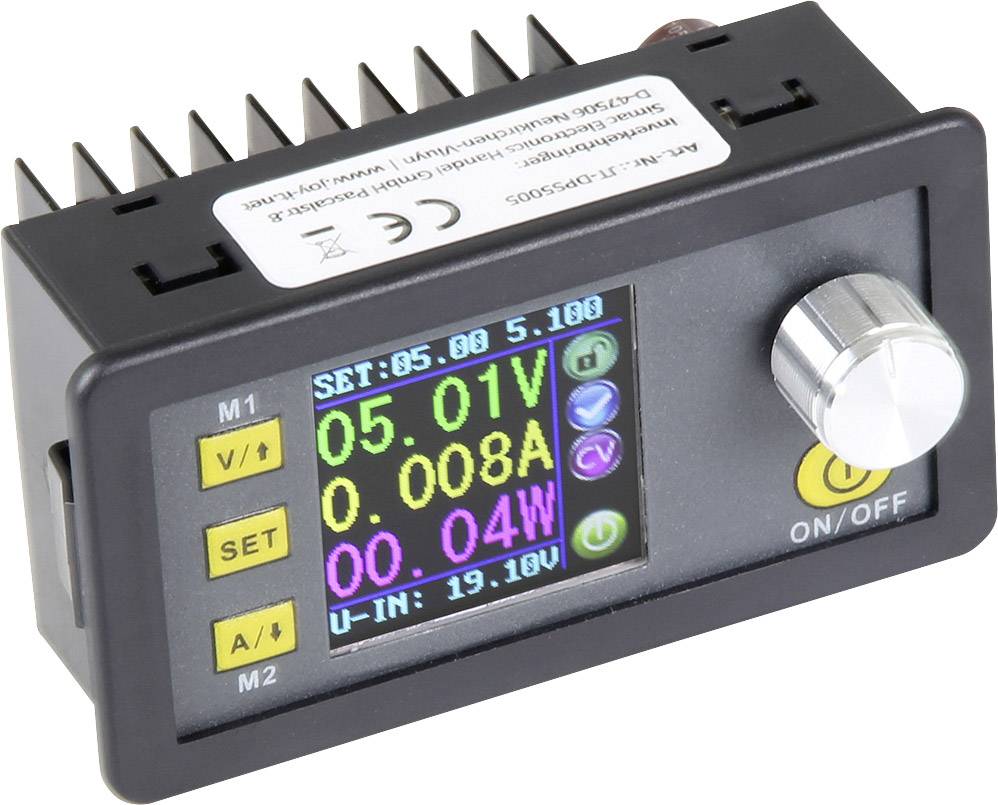 'DCDC-5005' Spanningsregelaar met digitaal display. Toont: 5,01V, 0,008A, 0,04W. Draaiknop en aan-/uitschakelaar aanwezig.
