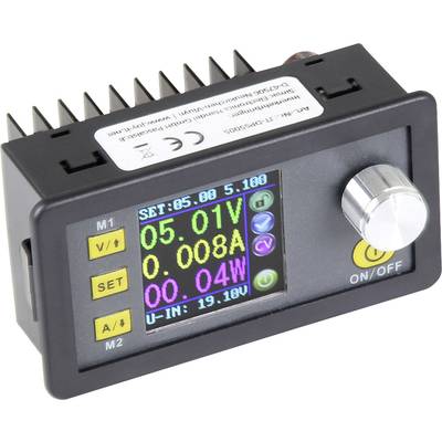'DCDC-5005' Spanningsregelaar met digitaal display. Toont: 5,01V, 0,008A, 0,04W. Draaiknop en aan-/uitschakelaar aanwezig.