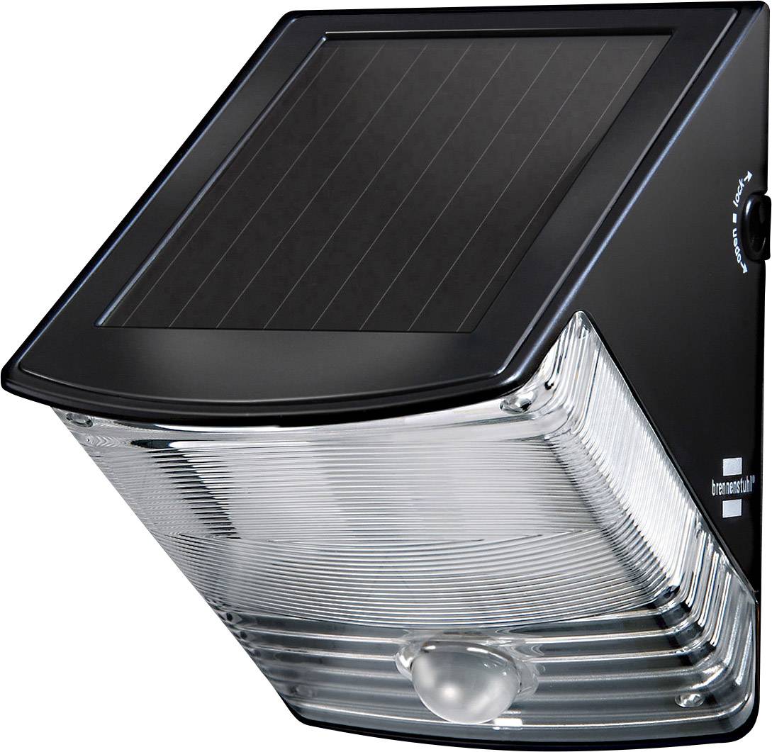 Zwarte LED-solarverlichting met bewegingssensor en helder, gewelfd lichtpaneel. Stopcontact-onafhankelijke buitenverlichting.