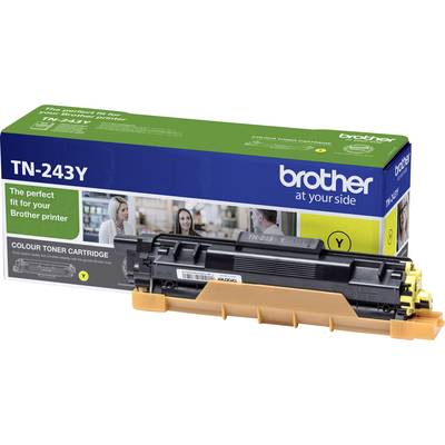 Toner cartridge Brother TN-243Y, geel, geschikt voor Brother-printers. Verpakking toont voorbeeld afbeelding van kantoor omgeven door tekst.