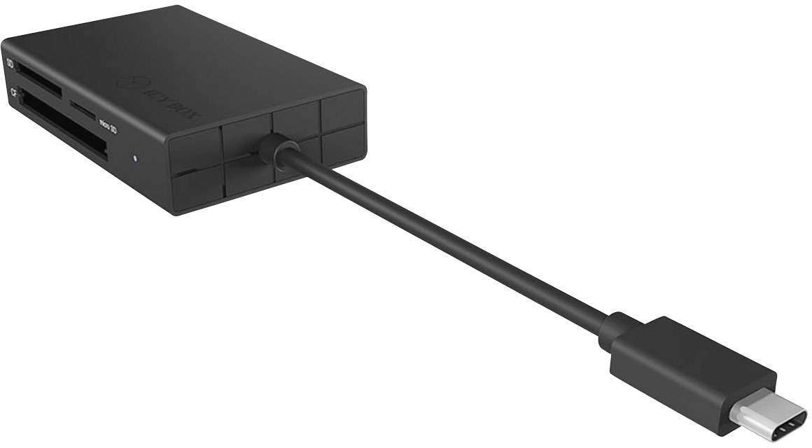 Externe kaartlezer met meerdere sleuven en USB-C-aansluiting, geschikt voor verschillende geheugenkaartformaten.