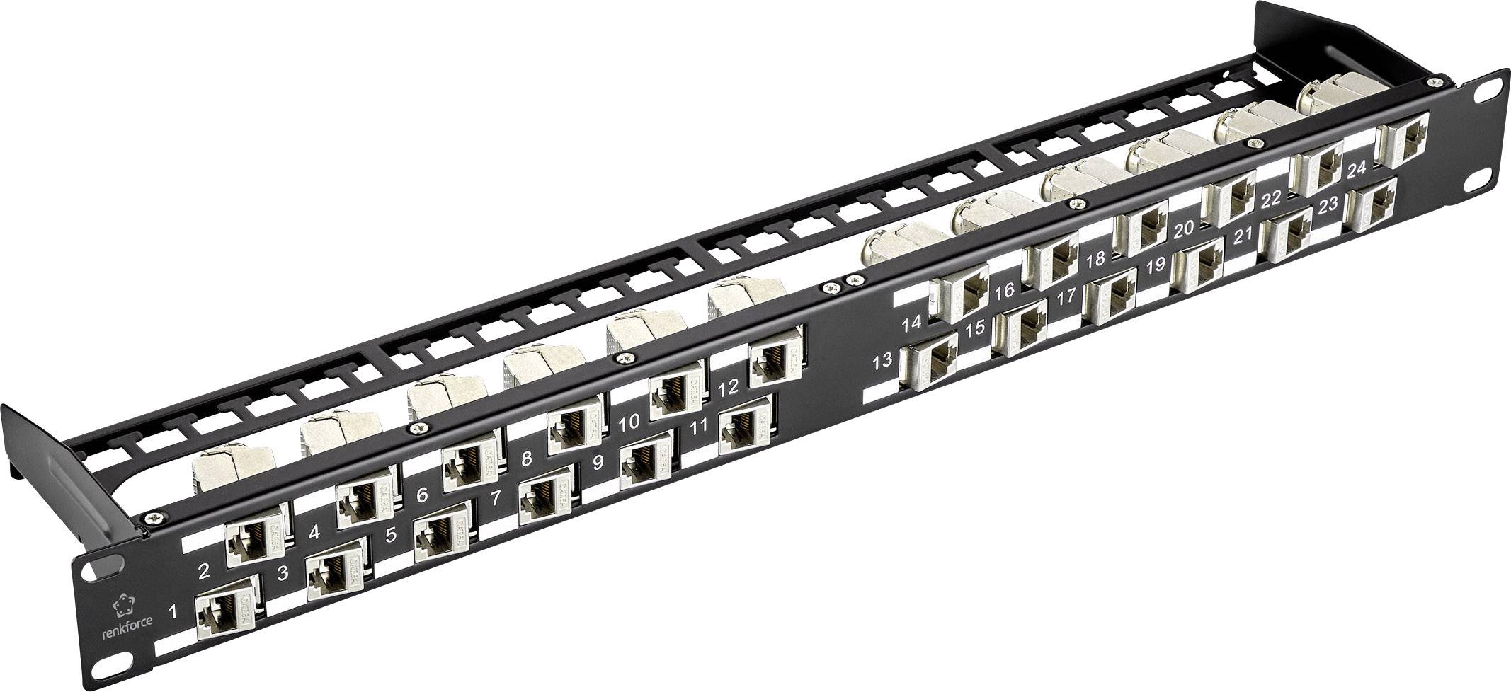 Een netwerk-patchpanel met 24 genummerde RJ45-poorten in een zwarte metalen behuizing voor kabelorganisatie in IT-infrastructuren.