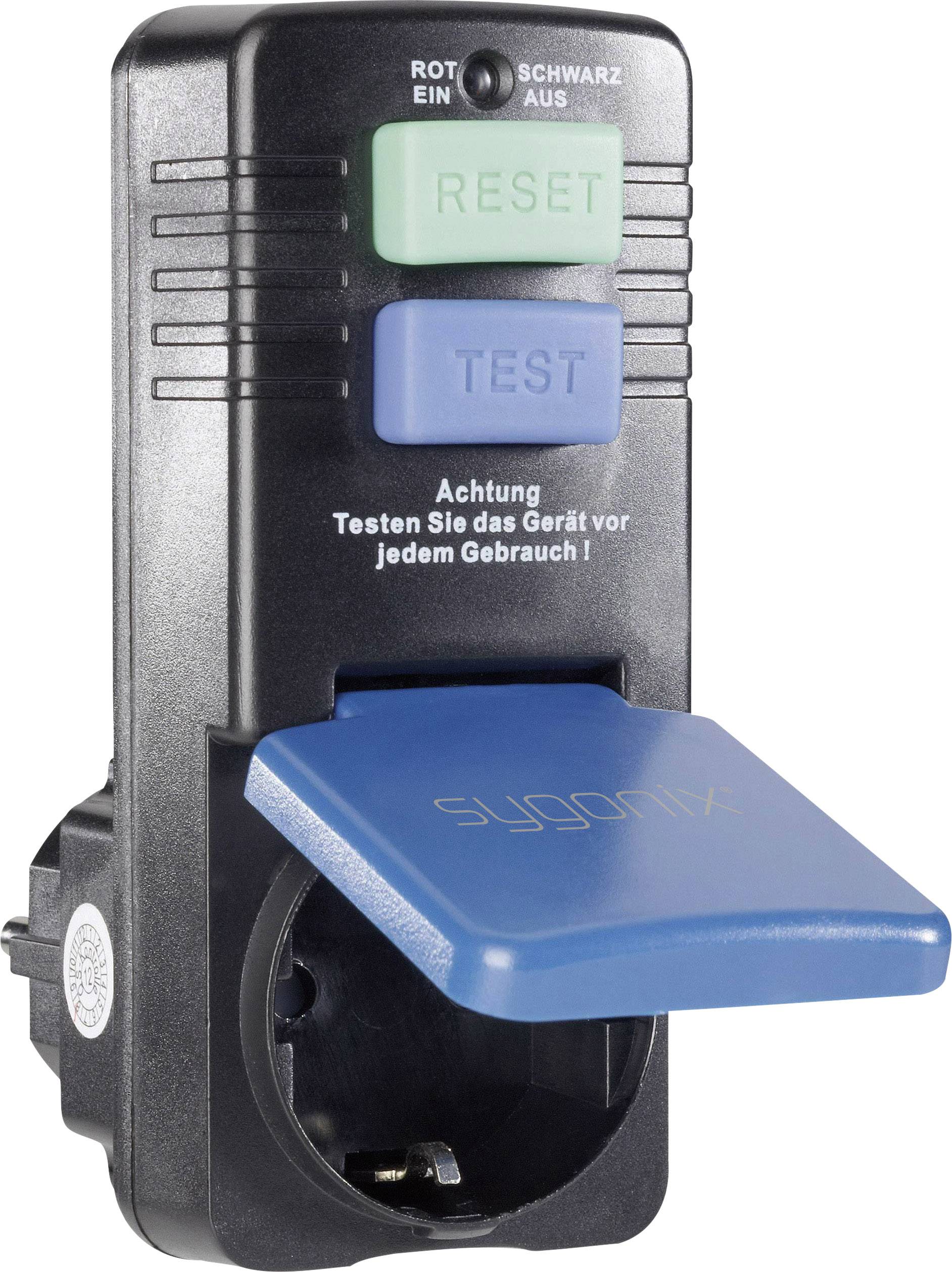 Een zwart stroombeveiligingsapparaat met een groene 'RESET'- en blauwe 'TEST'-knop. Daaronder staat 'Let op: Test het apparaat voor elk gebruik!'.