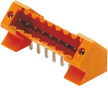 Oranje stekker, met zes metalen pinnen, voor elektrische verbinding in elektronische apparaten.