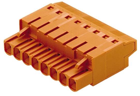 Oranje aansluitklem met meerdere aansluitpunten, die wordt gebruikt voor bekabeling in elektronische apparaten.
