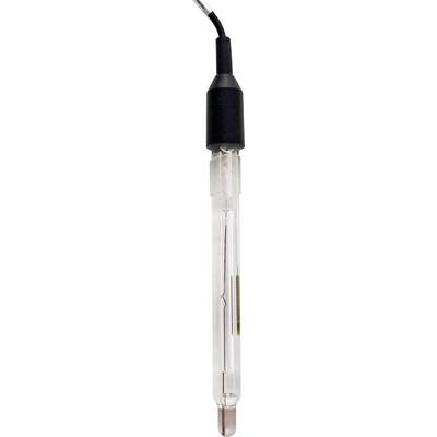 Een glazen pH-elektrode met een zwarte kop en kabel. Deze wordt gebruikt voor het meten van de pH-waarde in vloeistoffen en heeft een langwerpige vorm.