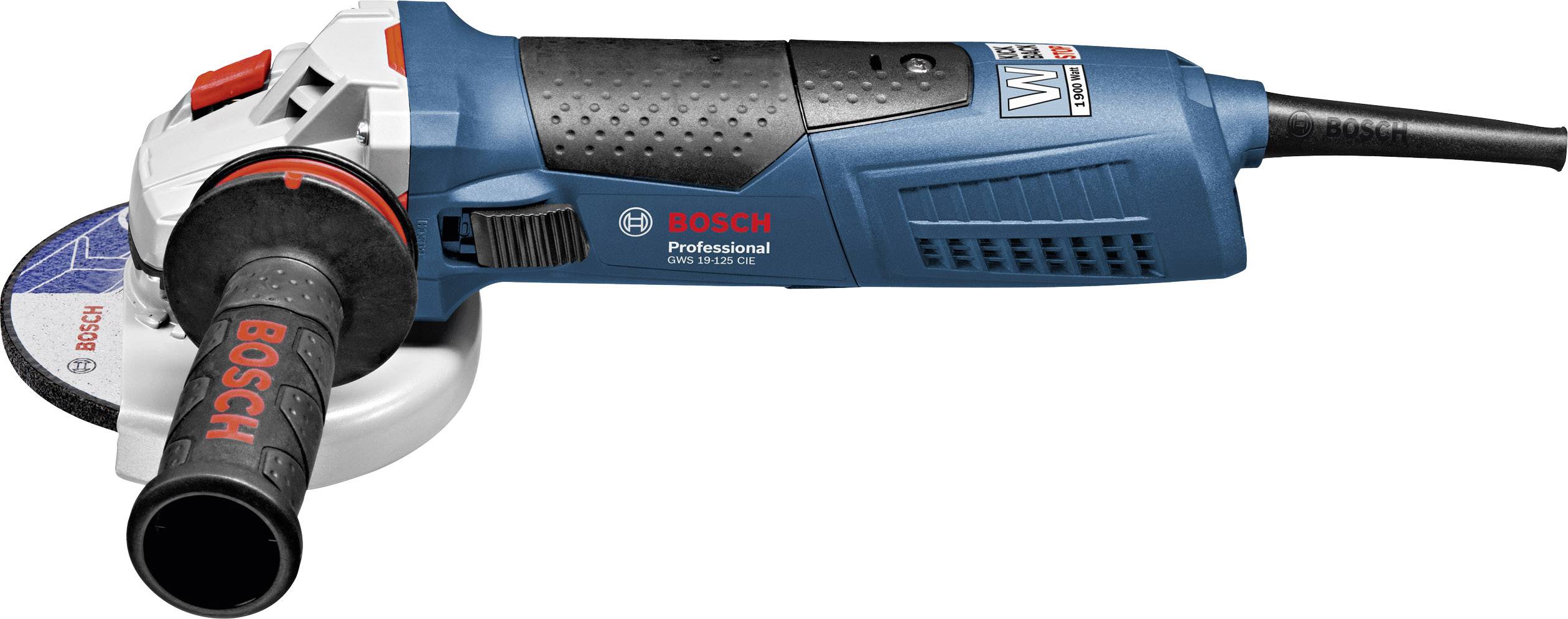 Een blauwe Bosch-haakse slijper met zwarte handgreep en rode schakelaar, liggend op een witte achtergrond.