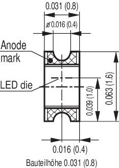 'Technische tekening van een LED-chip met afmetingen in inches en millimeters. Toont anode-markering, LED-chip en overige specificaties.'