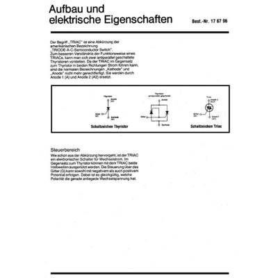 'Opbouw en elektrische eigenschappen' beschrijft de functie en toepassing van een TRIAC. Illustraties tonen schakelschema's van thyristor en TRIAC.
