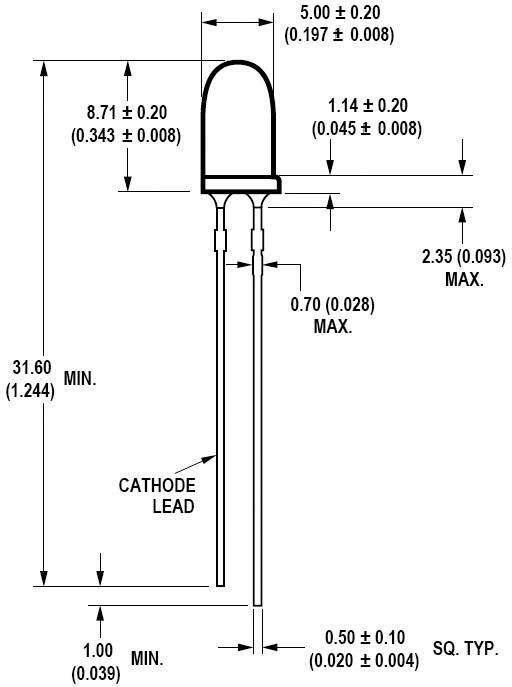 Een technische tekening van een LED met afmetingen in millimeters. De tekening toont hoogte, breedte en positie van de aansluitingen.