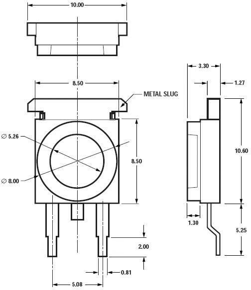 Technische tekening van een elektronisch onderdeel met meerdere aanzichten en maten. Hoofdafmetingen zijn 10,00 x 8,50 mm.