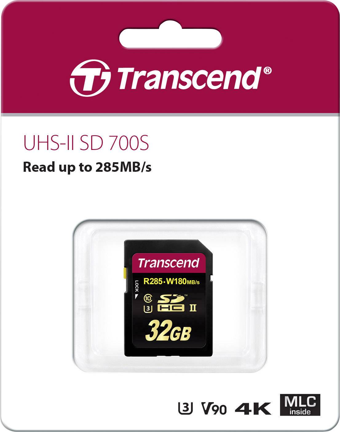Transcend SD-kaart UHS-II SD 700S, 32 GB, leessnelheid tot 285 MB/s, ondersteunt 4K, V90, MLC-technologie. Voorzijde verpakking.