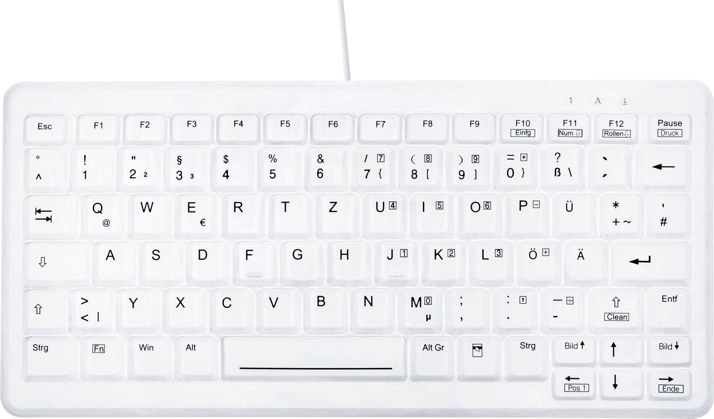 Witte QWERTZ-toetsenbord met kabel en speciale toetsen voor besturing en navigatie, inclusief numerieke en functietoetsen.