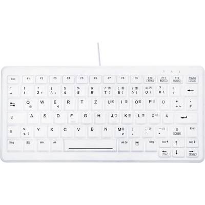 Witte QWERTZ-toetsenbord met kabel en speciale toetsen voor besturing en navigatie, inclusief numerieke en functietoetsen.