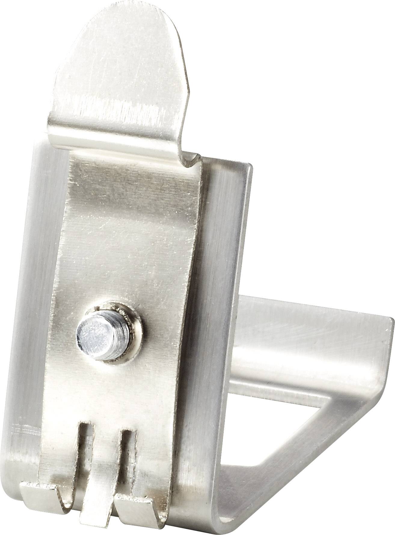 Metalen clip met verende mechanisme, geschikt voor het bevestigen van notities of foto's aan oppervlakken.