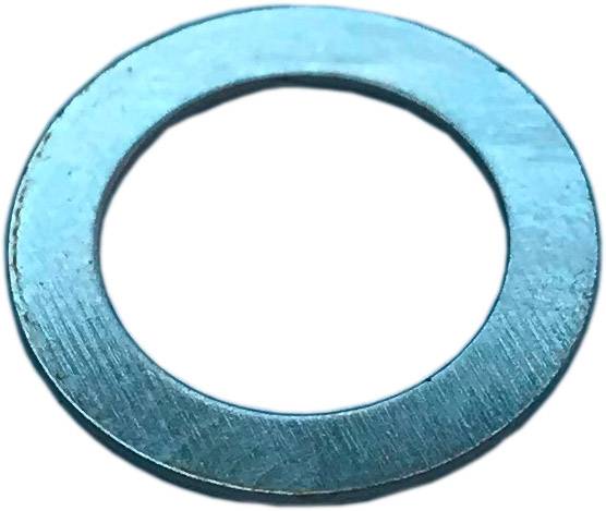 Metalen schijf in ringvorm, gelijkmatig rond en plat, lichtblauw.