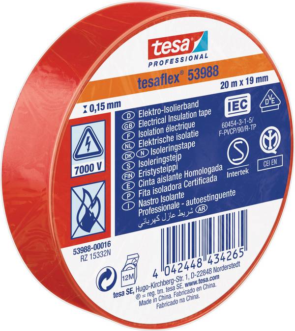 tesa  53988-00016-00 Isolatietape tesa Professional Rood (l x b) 20 m x 19 mm 1 stuk(s)