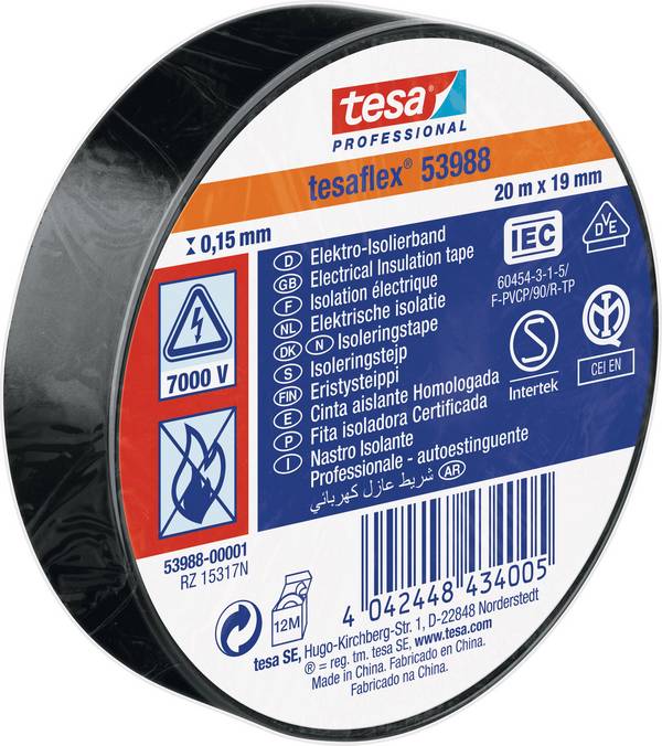 tesa  53988-00001-00 Isolatietape tesa Professional Zwart (l x b) 20 m x 19 mm 1 stuk(s)