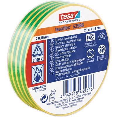 'Rol geel-groen elektrisch isolatietape, merk tesa, artikelnummer 53988, 20 mm x 19 mm, geschikt voor tot 7000 V, RoHS-conform.'