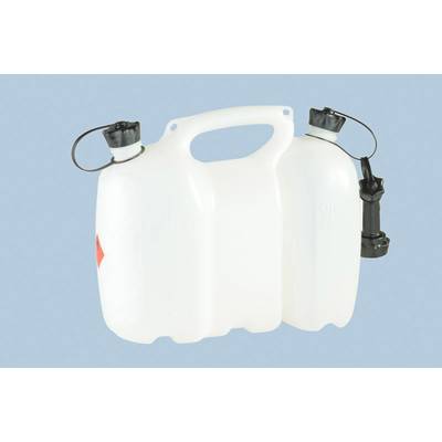 Een witte jerrycan met twee afzonderlijke compartimenten en zwarte deksels op een lichtblauwe achtergrond.