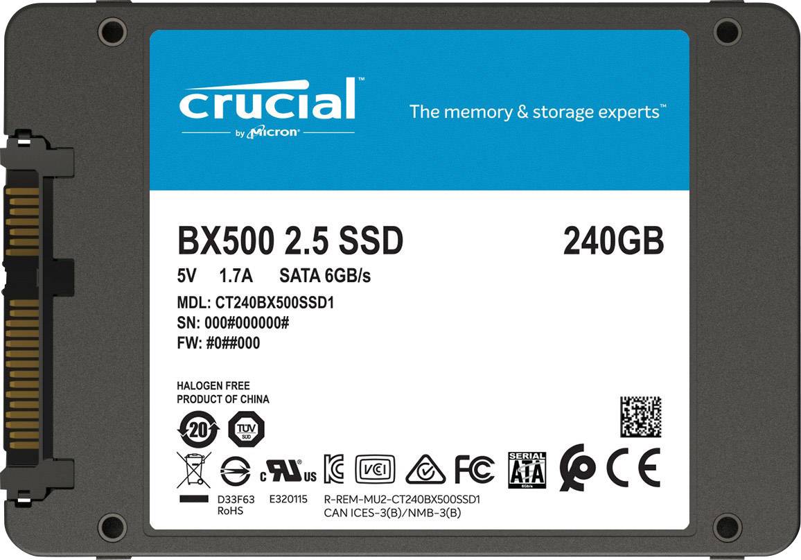 Een Crucial BX500 2.5 SSD met 240 GB capaciteit, 5V en 1,7A, SATA 6GB/s. Modelnummer CT240BX500SSD1, vervaardigd in China.
