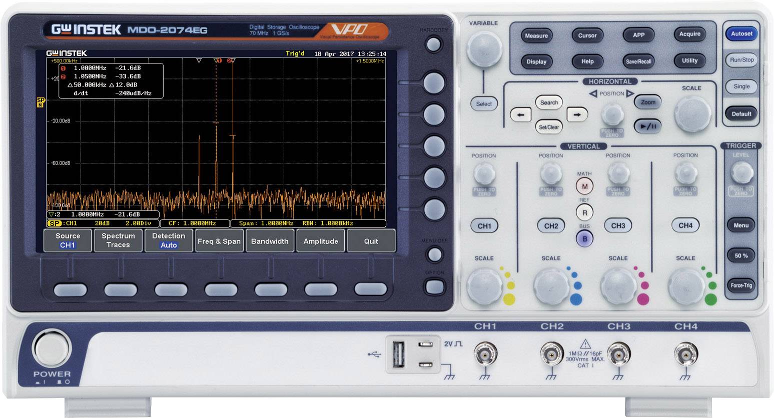 GW Instek MDO-2074EX Digitale oscilloscoop 70 MHz 1 GSa/s 10 Mpts 8 Bit Digitaal geheugen (DSO), Spectrumanalyzer, Multimeterfuncties
