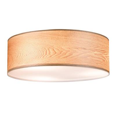 Ronde plafondlamp met houtachtige uitstraling en subtiele verlichting, ideaal voor gebruik in woonruimtes voor een gezellige sfeer.